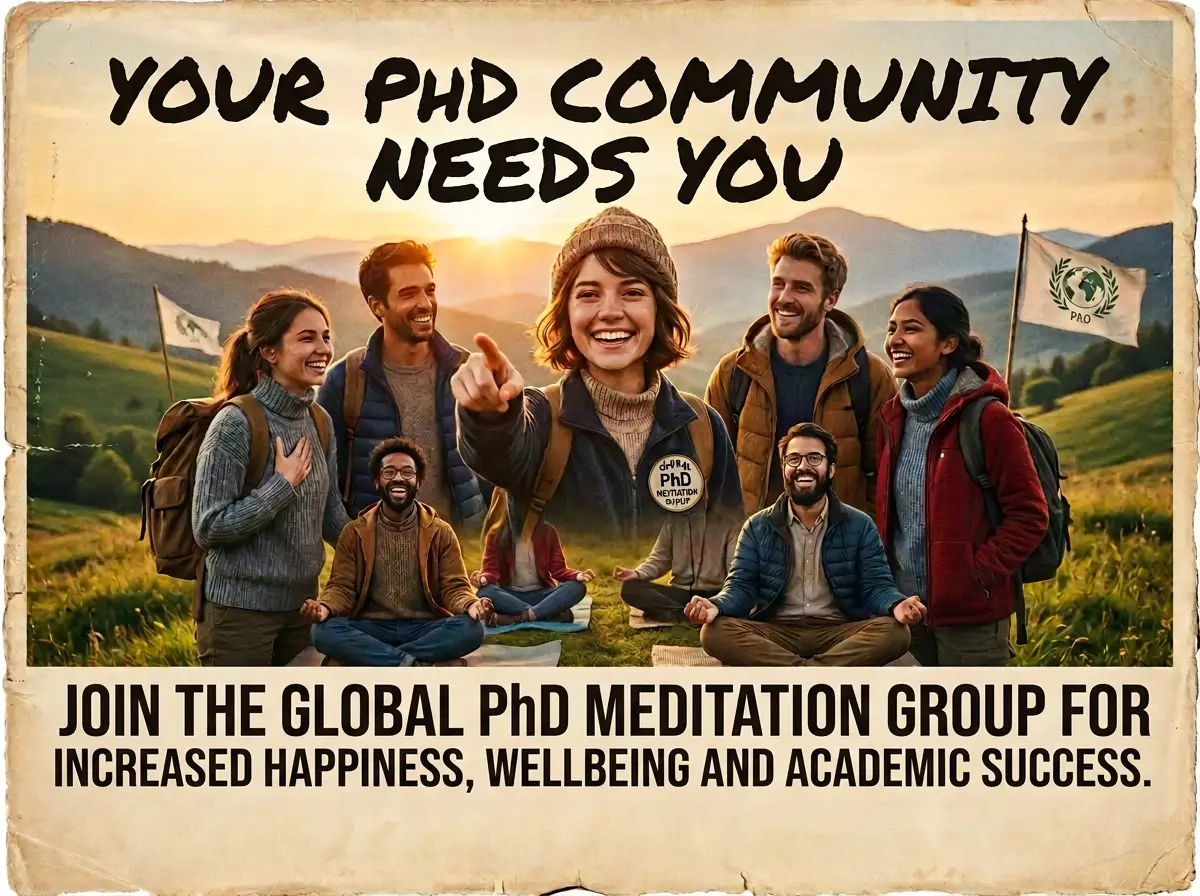 PhD Global Meditation Group Poster with PhD candidates happily meditating